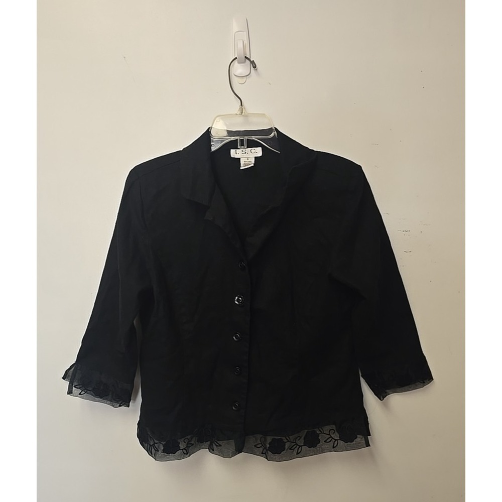 Vtg I.S.C. Y2K Black‎ Lace Linen Blend Whimseygoth Preppy Top Womans Size Small